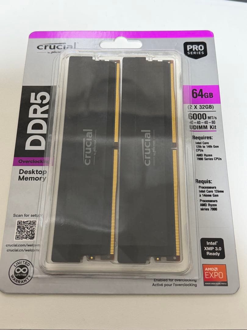 ほぼ新品Crucial Pro DDR5 64GB (32GBx2) メモリ 黒