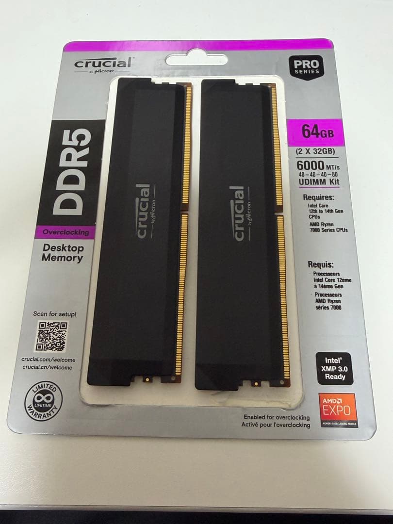 ほぼ新品Crucial Pro DDR5 64GB (32GBx2) メモリ 黒