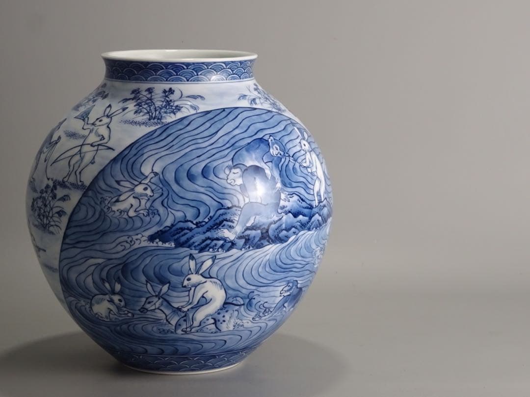 有田焼　名工　村上玄輝　秀逸作　染付　鳥獣戯画図写　花瓶　共箱　花器　壷　花入