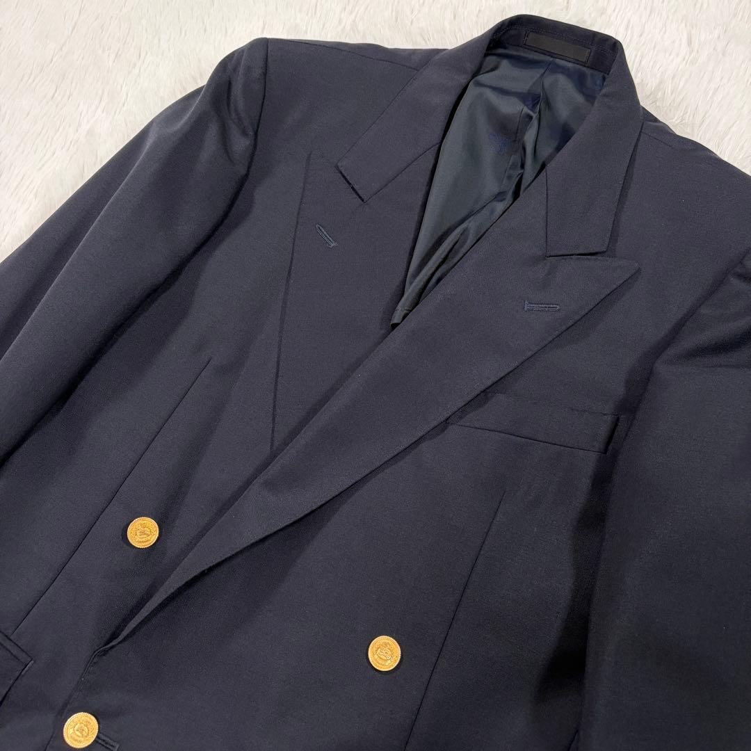 バーバリー 紺ブレ 刻印金ボタン ネイビー ダブル 裏地シャドーホース LL