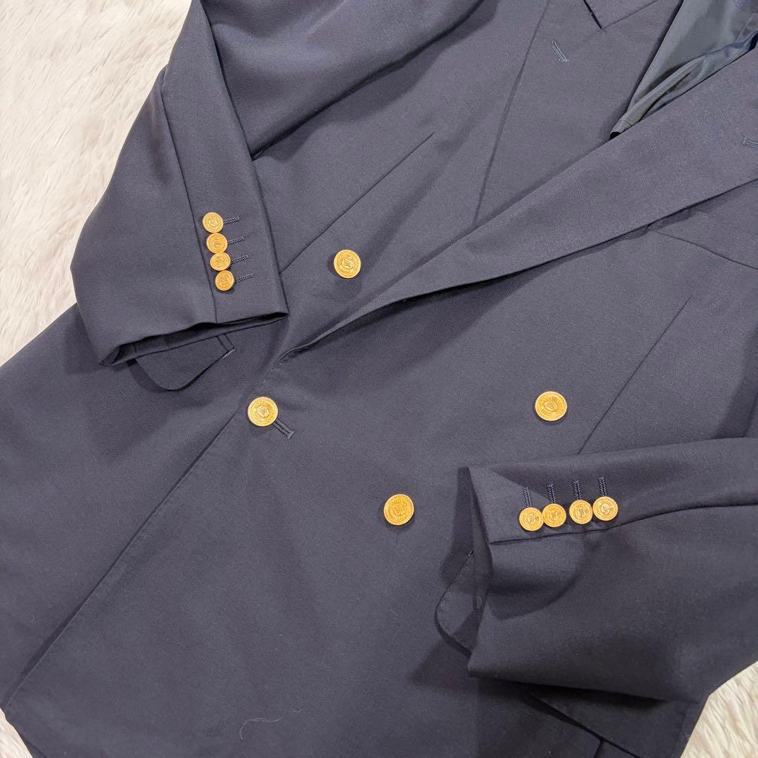 バーバリー 紺ブレ 刻印金ボタン ネイビー ダブル 裏地シャドーホース LL