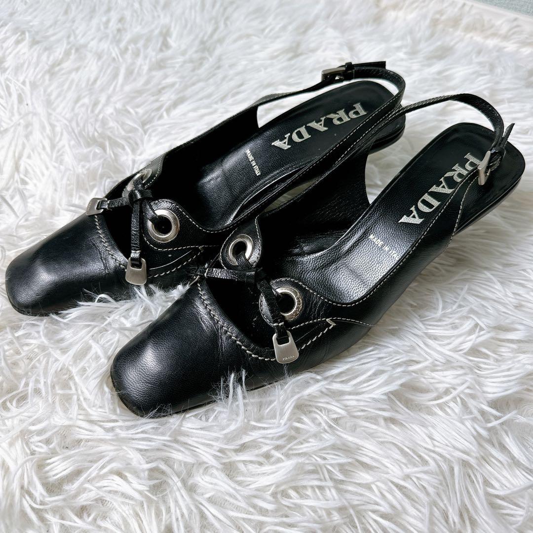 美品✨PRADA ミュール バックストラップ サンダル ヒール ロゴ 23.5