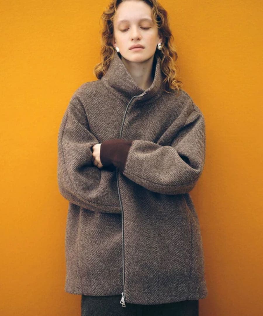 アダムエロペ　ヘリンボンツイードボンディングコーディガン