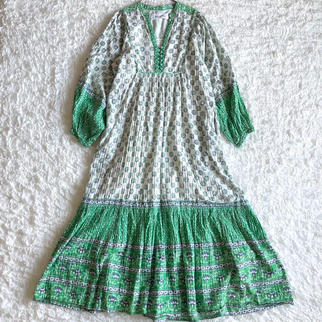 サラマリカ マキシ丈ワンピース グリーン 総柄 キカ エスニック ゆったり