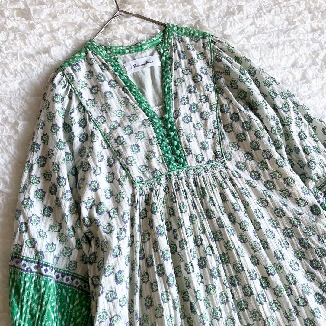 サラマリカ マキシ丈ワンピース グリーン 総柄 キカ エスニック ゆったり