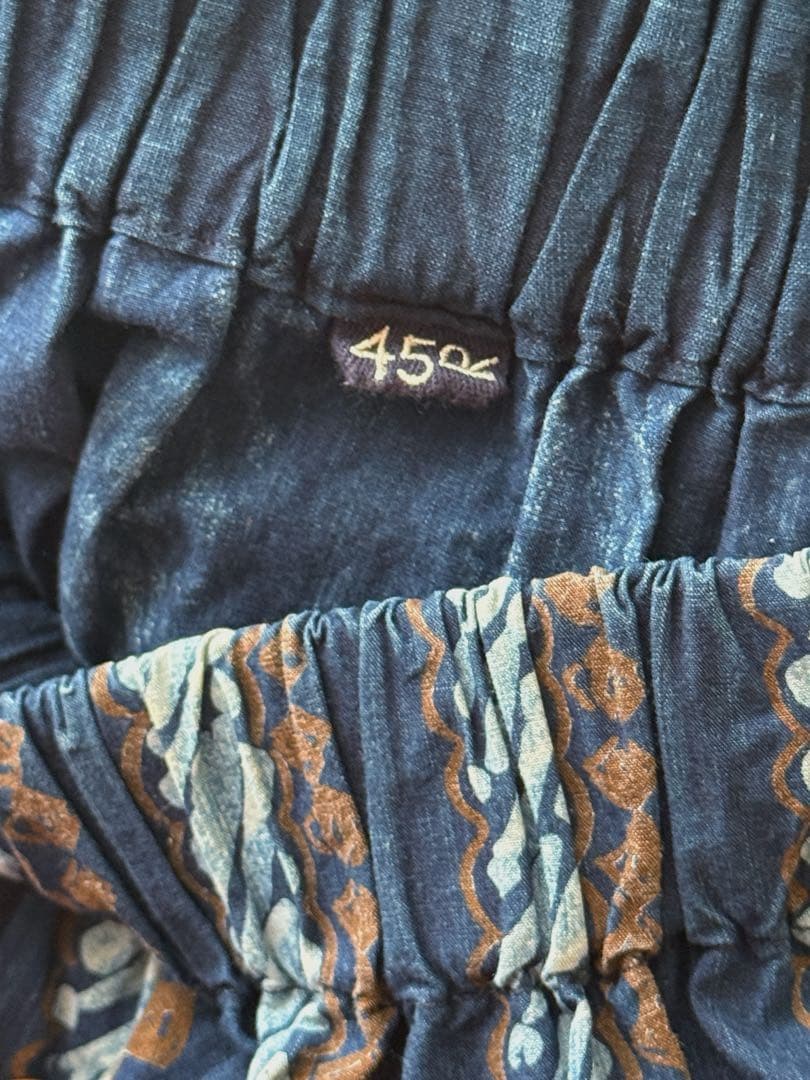 45R バティックプリントのシャーリング馬ドレス　インディゴ