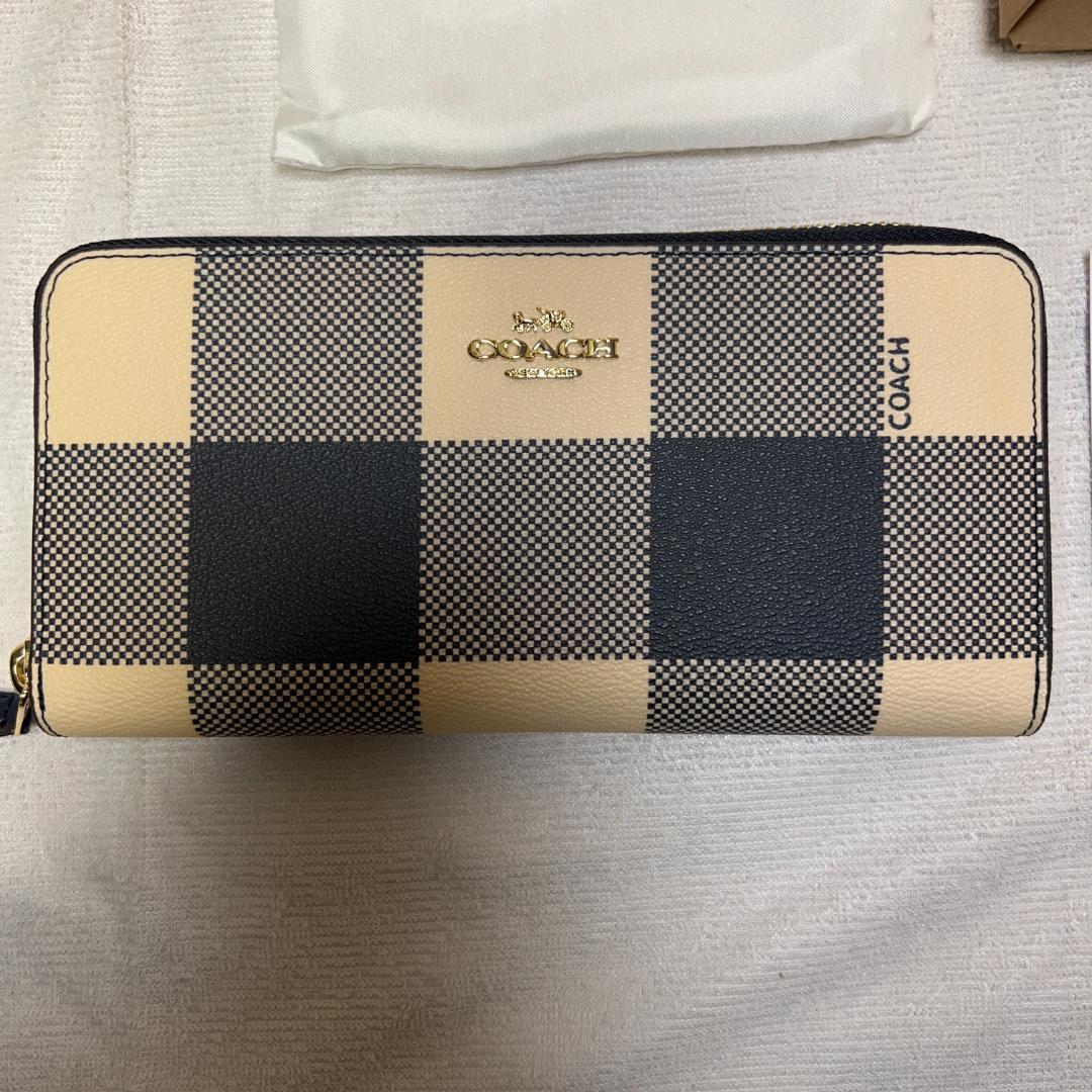 【新品 未使用品】 COACH コーチ 長財布 チェック柄 ネイビー ホワイト