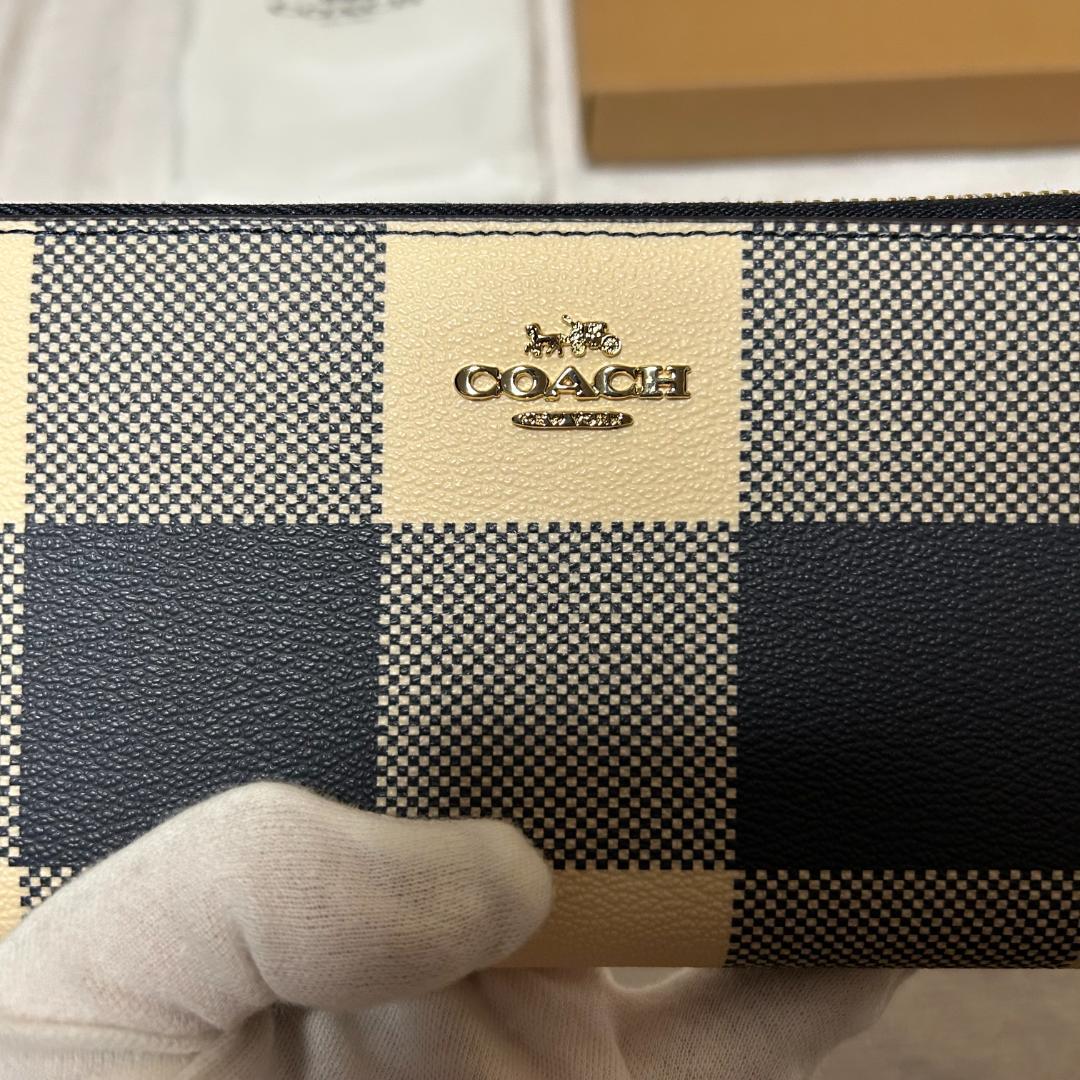 【新品 未使用品】 COACH コーチ 長財布 チェック柄 ネイビー ホワイト