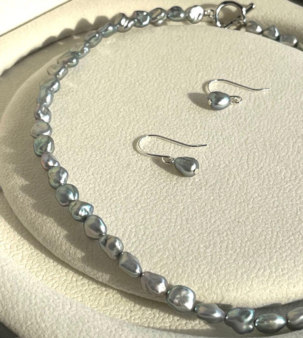 淡水ケシパール　ブルーグレー ネックレス　マンテル　41cm 6-6.8mm