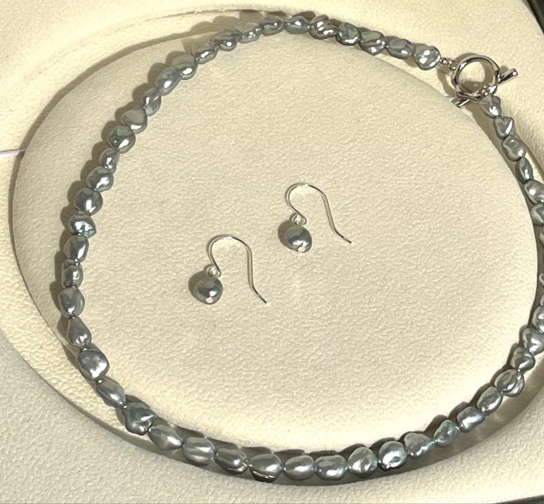 淡水ケシパール　ブルーグレー ネックレス　マンテル　41cm 6-6.8mm