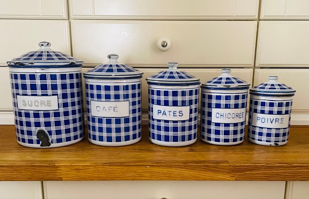 【青ぶー】フランス アンティーク BB社 ホーローキャニスター 5個セット