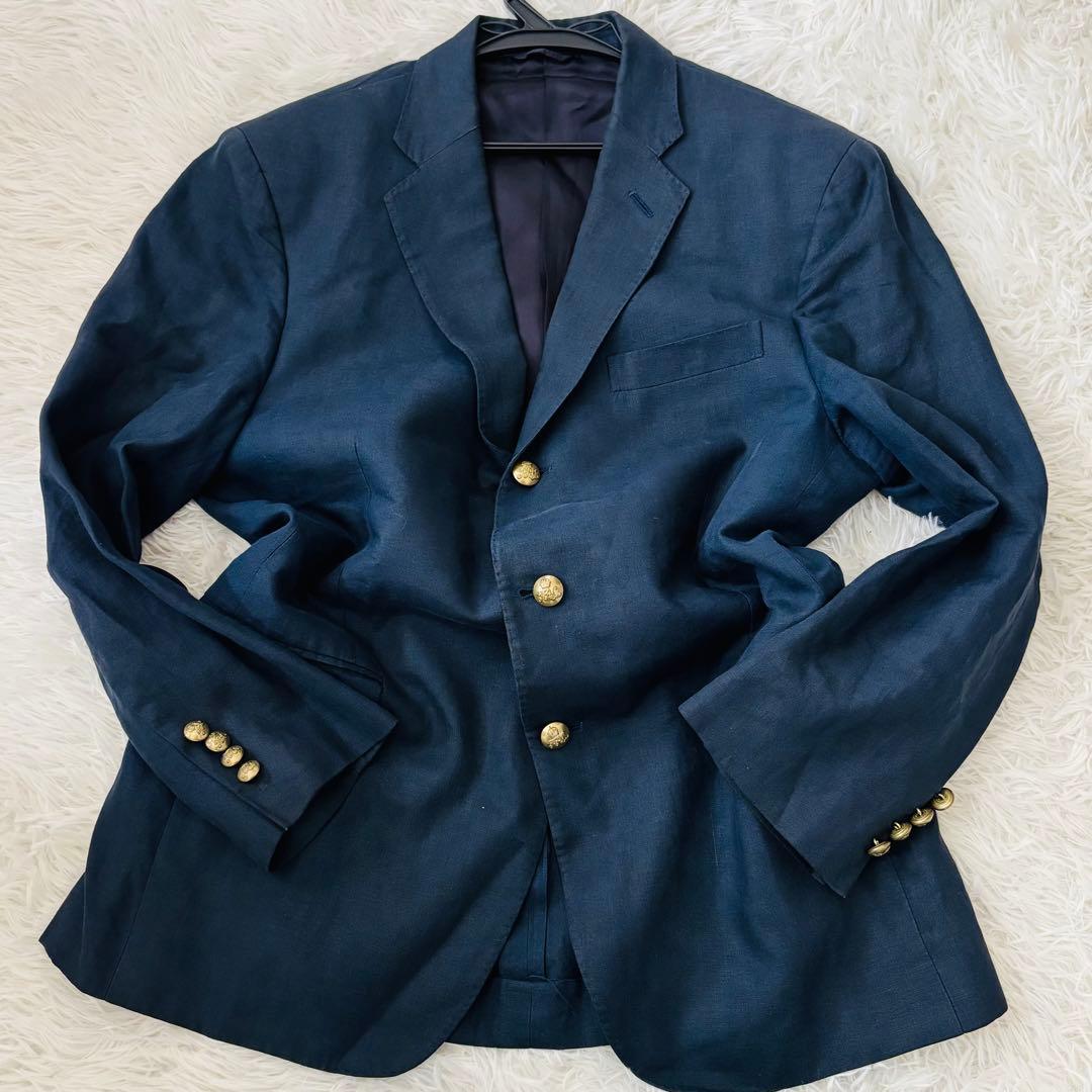 美品✨ポロバイラルフローレン　リネン100%紺ブレM 金のロゴボタン