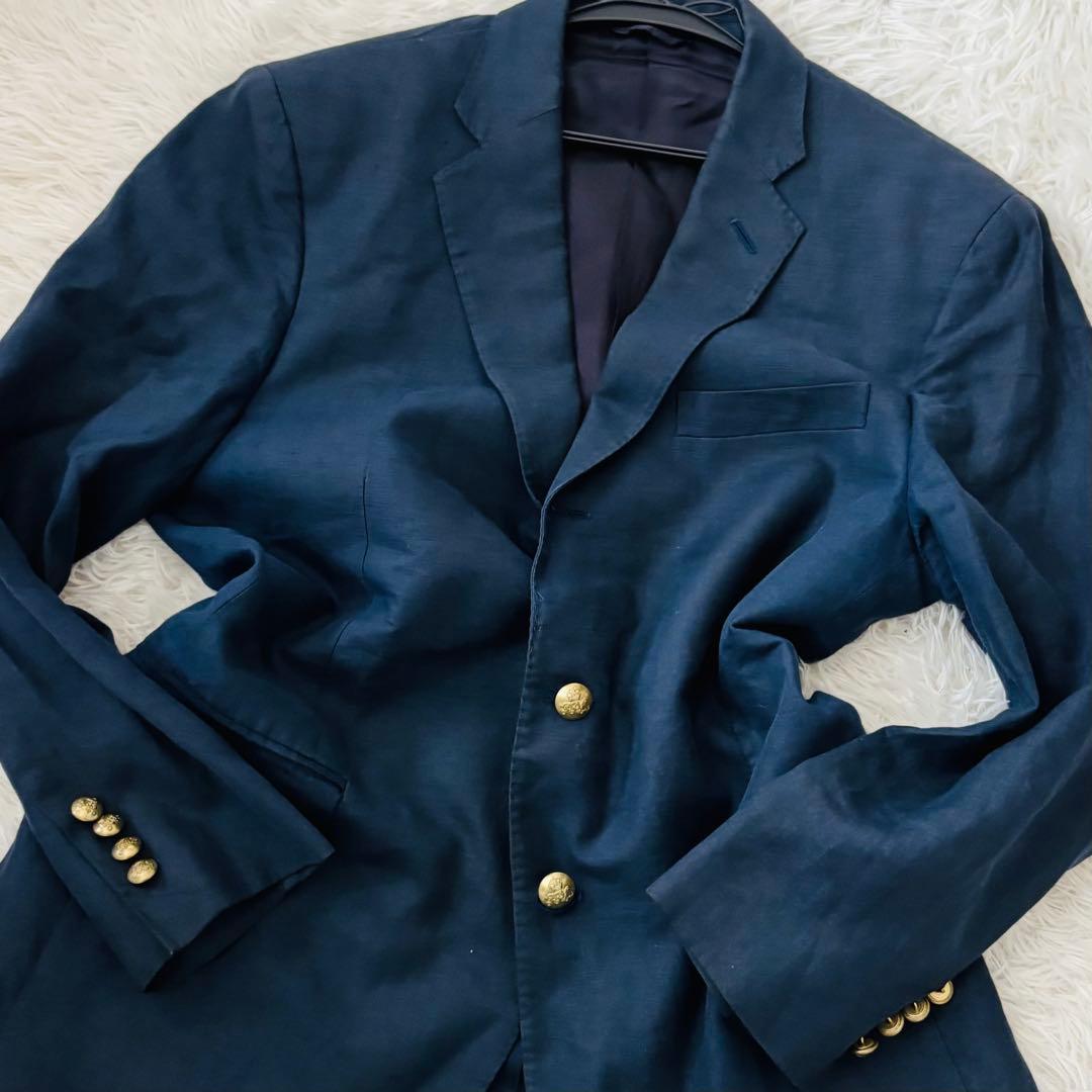 美品✨ポロバイラルフローレン　リネン100%紺ブレM 金のロゴボタン