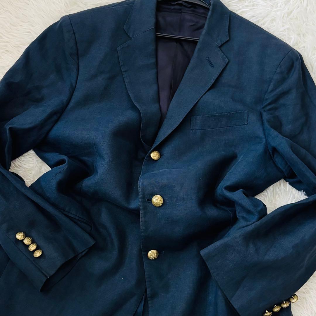 美品✨ポロバイラルフローレン　リネン100%紺ブレM 金のロゴボタン