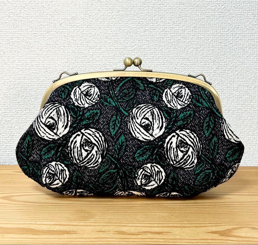 ハンドメイド がま口バッグ ポーチ クラッチ rosy ネイビー　ミナペルホネン