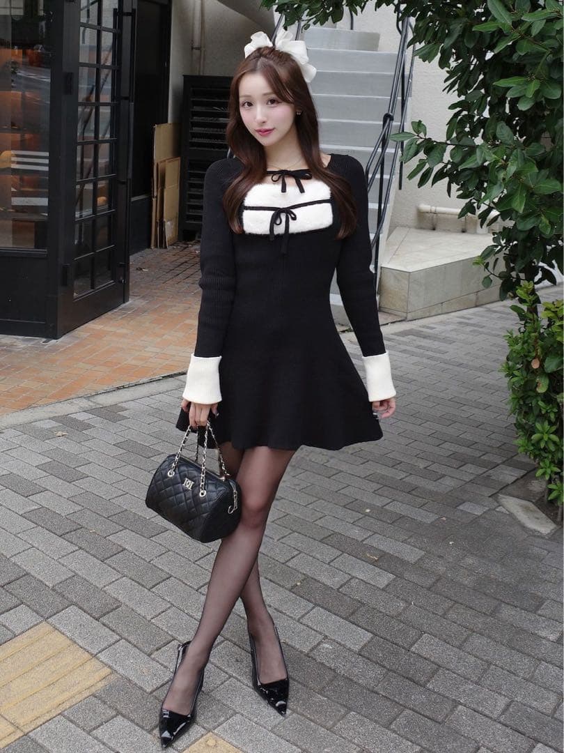 期間限定値下げ Darich ダーリッチ リボンファーフレアニットミニワンピース