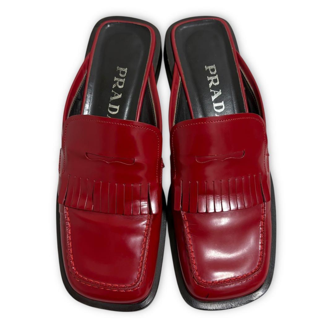靴 99SS PRADA square toe leather mules red