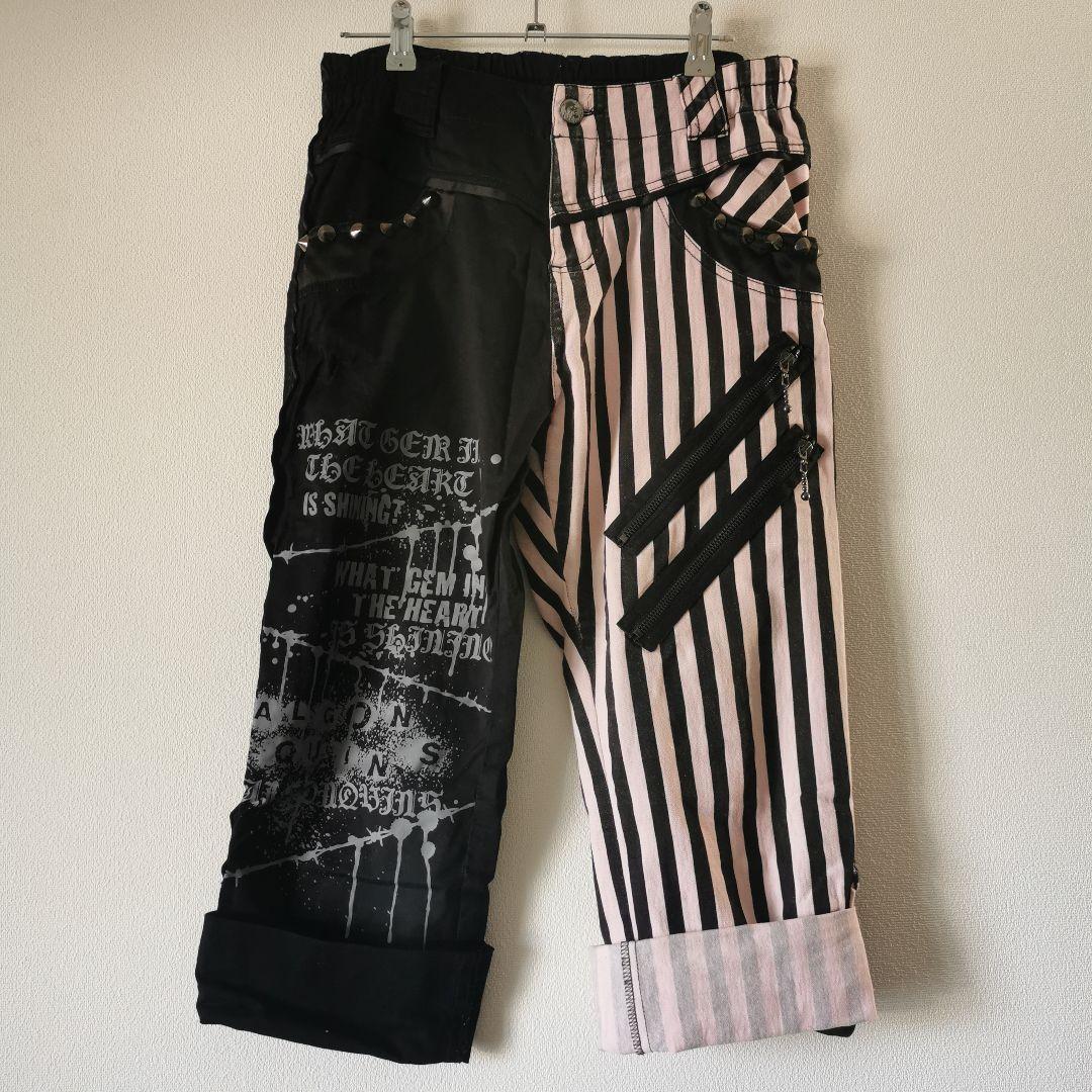 八分丈 カジュアルパンツ 黒 ピンク スカル レアデザイン 個性 ロック パンク
