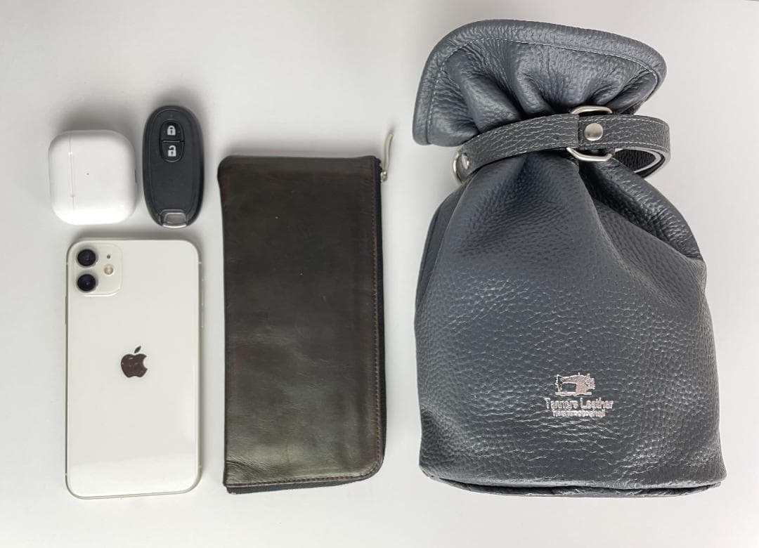 本革巾着バック グレー メンズ 大人レザーHashimoto 匠の技 日本製