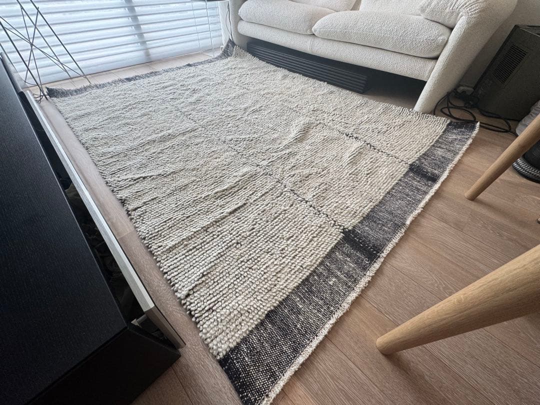 トルコ ウールラグ アイボリー ダークグレー　キリム