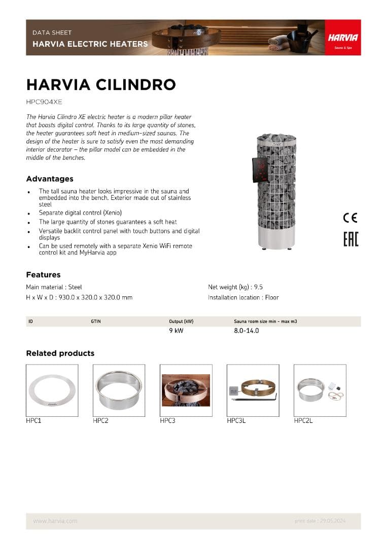 [電源２ｍ付]HARVIA CILINDRO PC90　200V 9.0KW