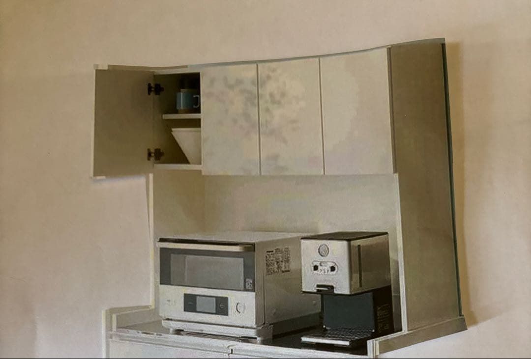 大型ホワイト全面鏡面ポリ製食器棚 4段