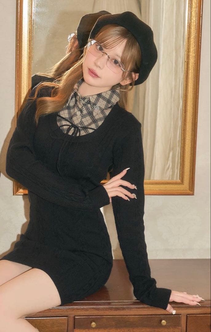 ミシェルマカロン シャツレイヤード風ニットワンピース