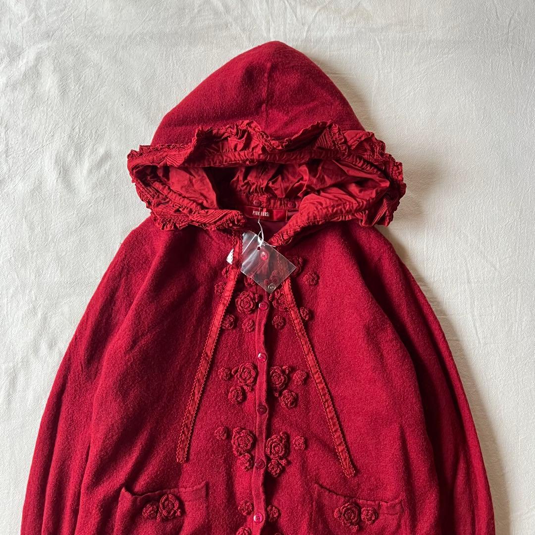 【新品】PINK HOUSE ジャケット ニット フーディ バラ 刺繍 レッド