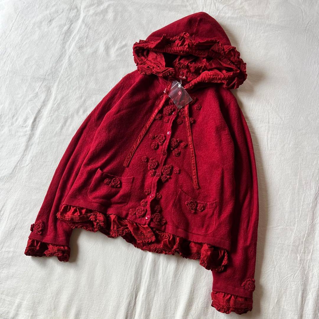 【新品】PINK HOUSE ジャケット ニット フーディ バラ 刺繍 レッド