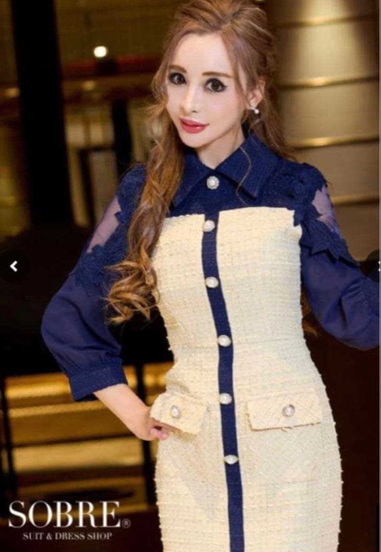 ソブレ 袖ありドレス キャバドレス リボン シースルー ツィードワンピース