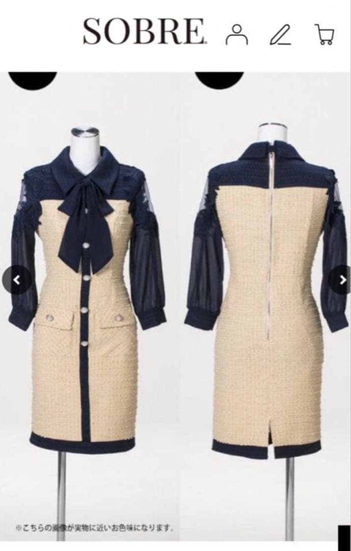 ソブレ 袖ありドレス キャバドレス リボン シースルー ツィードワンピース