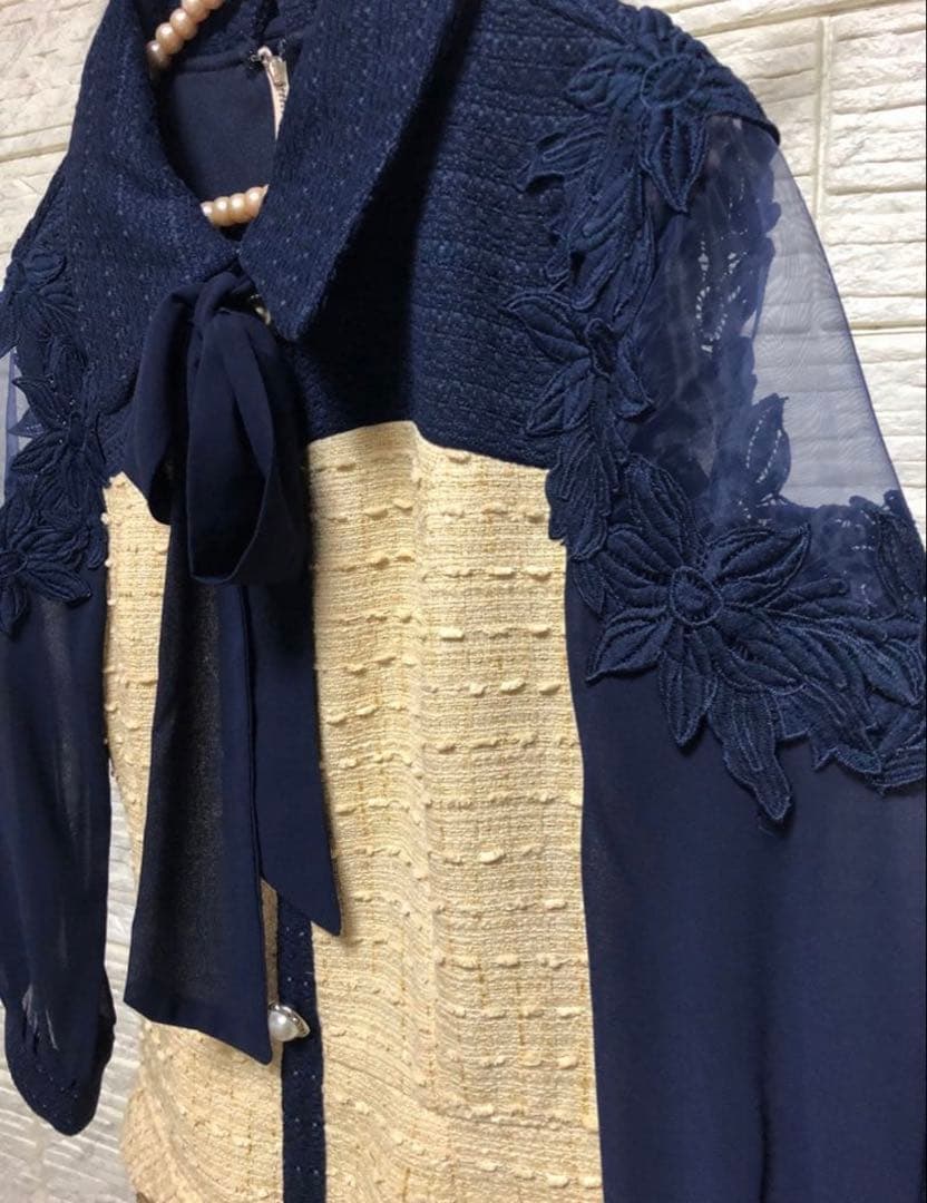 ソブレ 袖ありドレス キャバドレス リボン シースルー ツィードワンピース