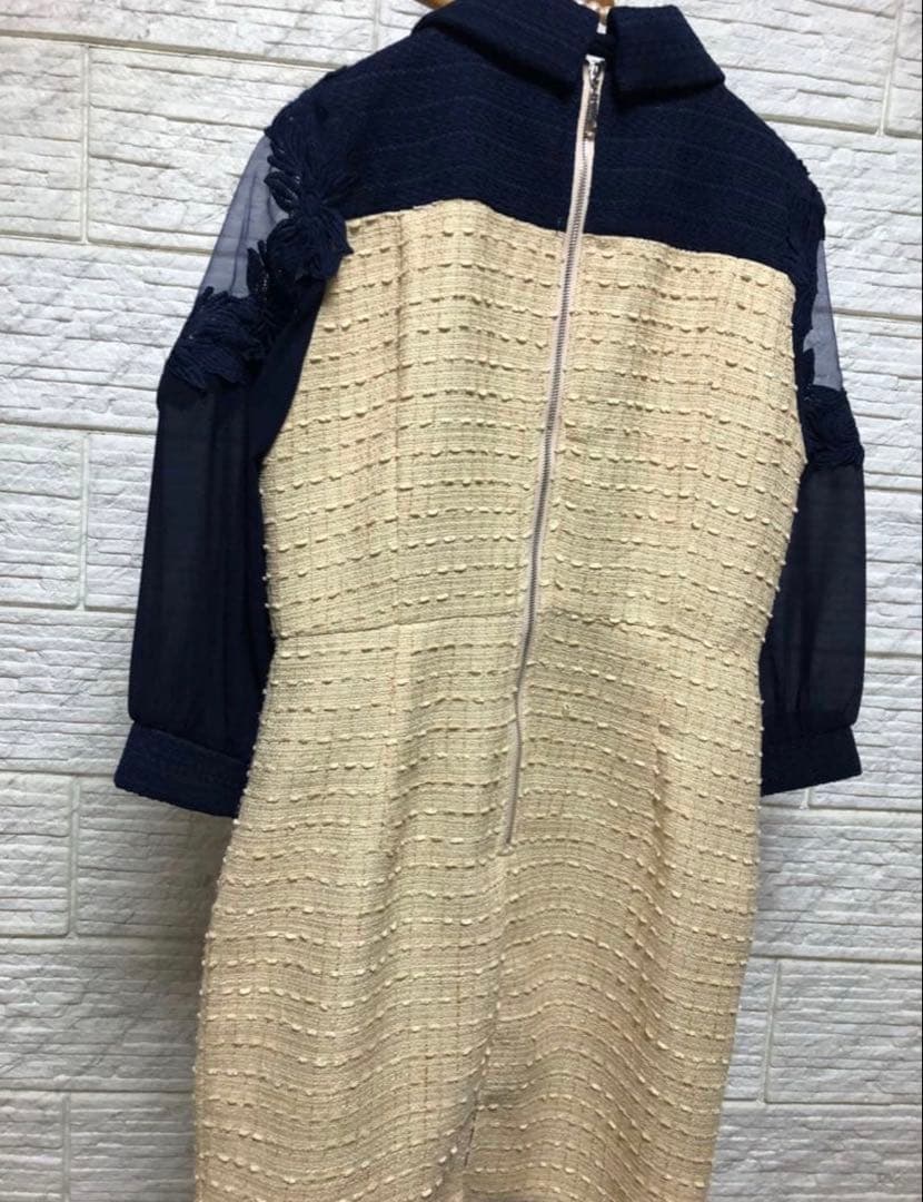 ソブレ 袖ありドレス キャバドレス リボン シースルー ツィードワンピース