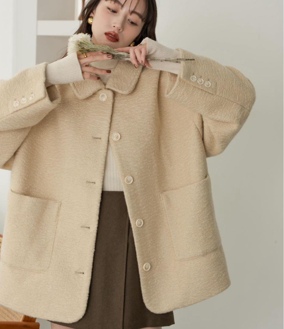 hinari ステンカラーシャギーミドルコート アイボリー ジャケット