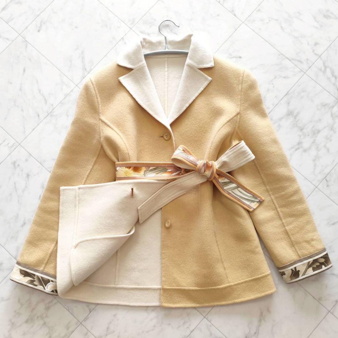 レオナール ダブルフェイス 袖口 フラワー トリム リボン ジャケット コート