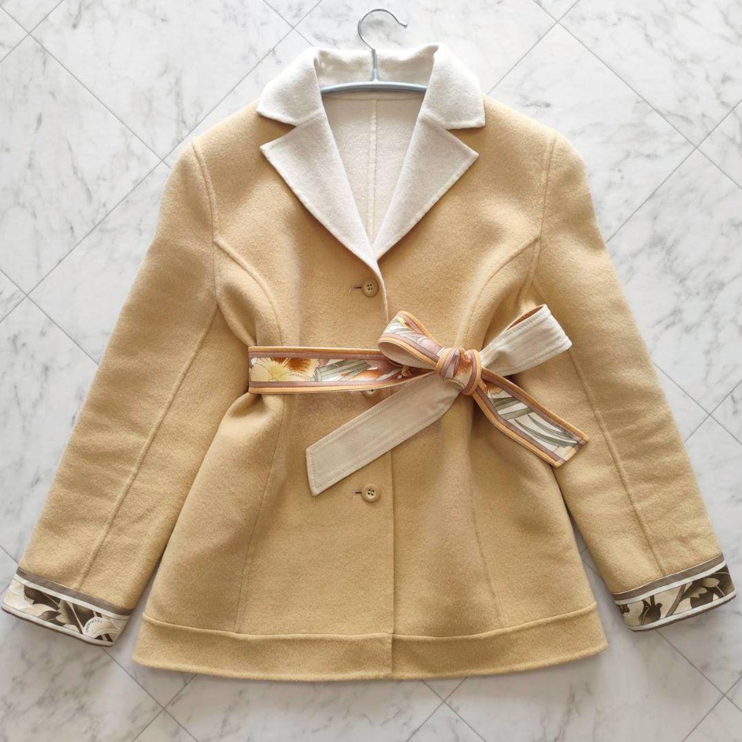 レオナール ダブルフェイス 袖口 フラワー トリム リボン ジャケット コート