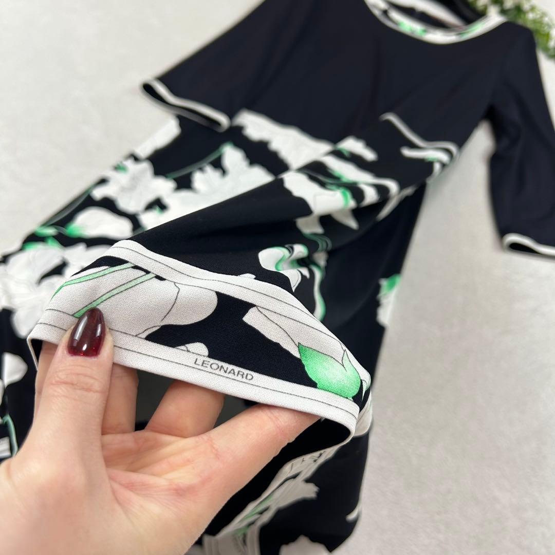 K532 美品 L レオナール カンカン素材 花柄 ひざ丈ワンピース レディース