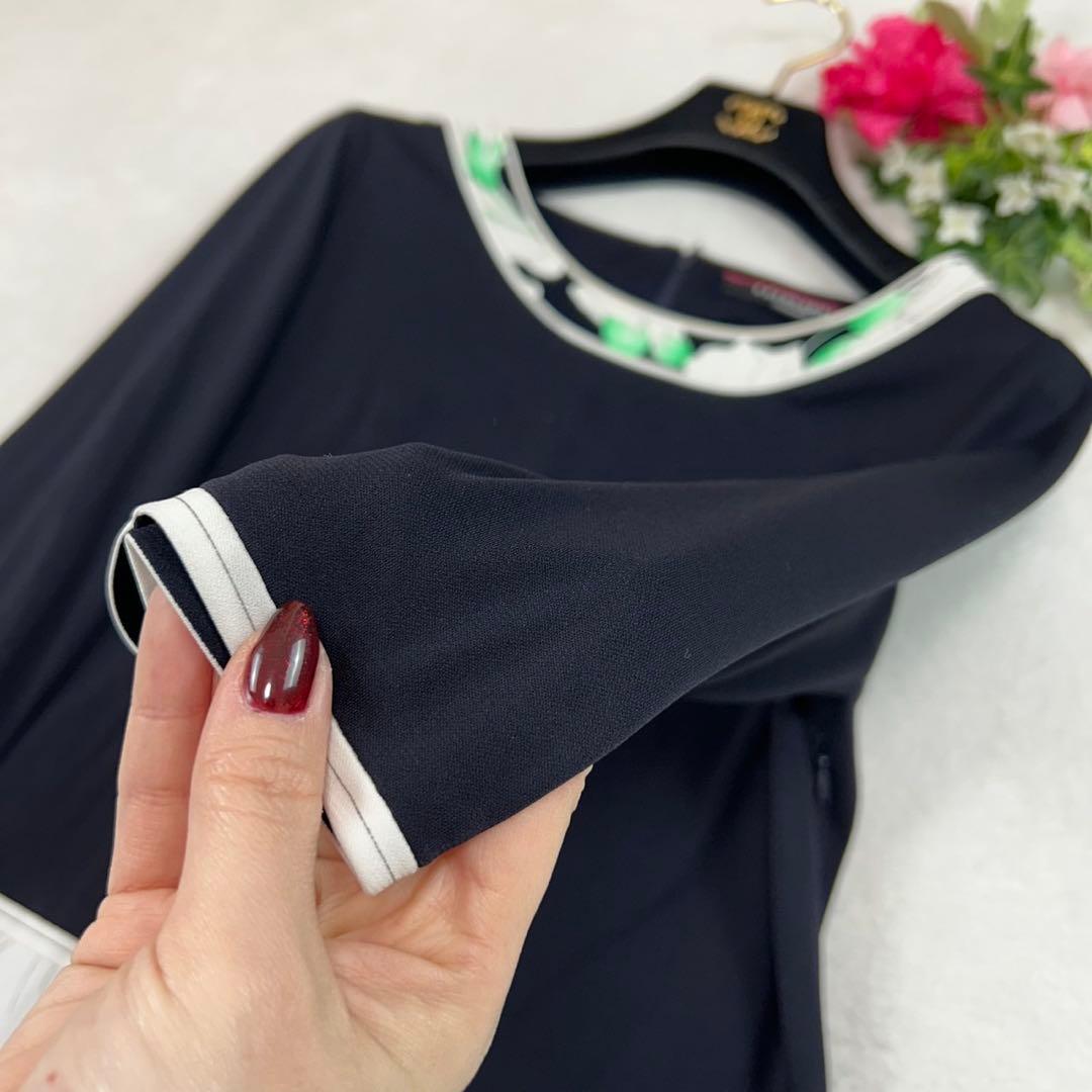 K532 美品 L レオナール カンカン素材 花柄 ひざ丈ワンピース レディース