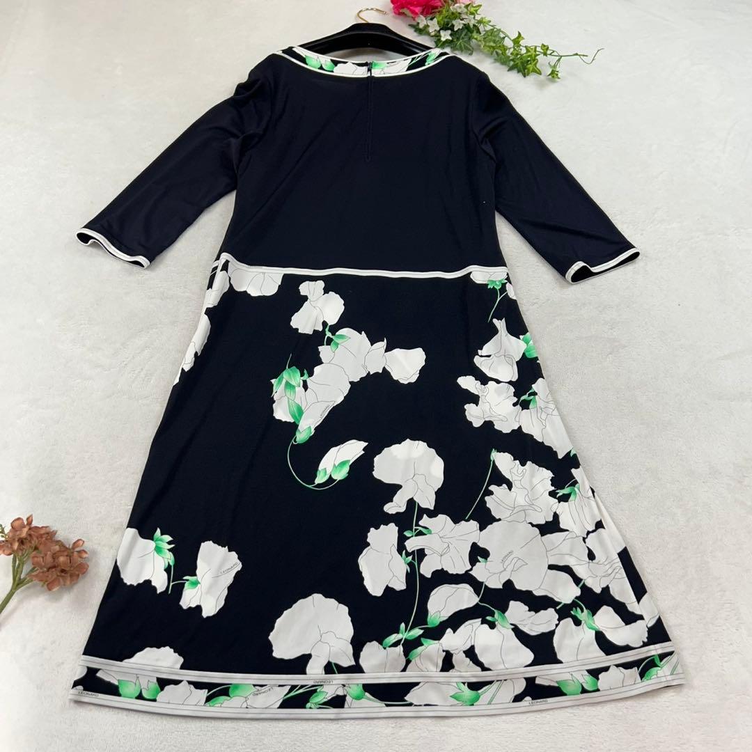 K532 美品 L レオナール カンカン素材 花柄 ひざ丈ワンピース レディース