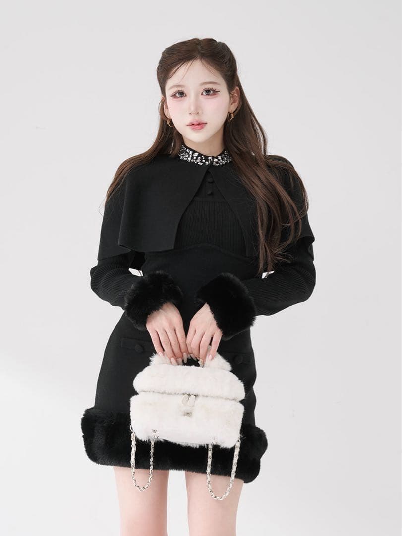 Darich ダーリッチ ビジューケープニットミニワンピース ブラック