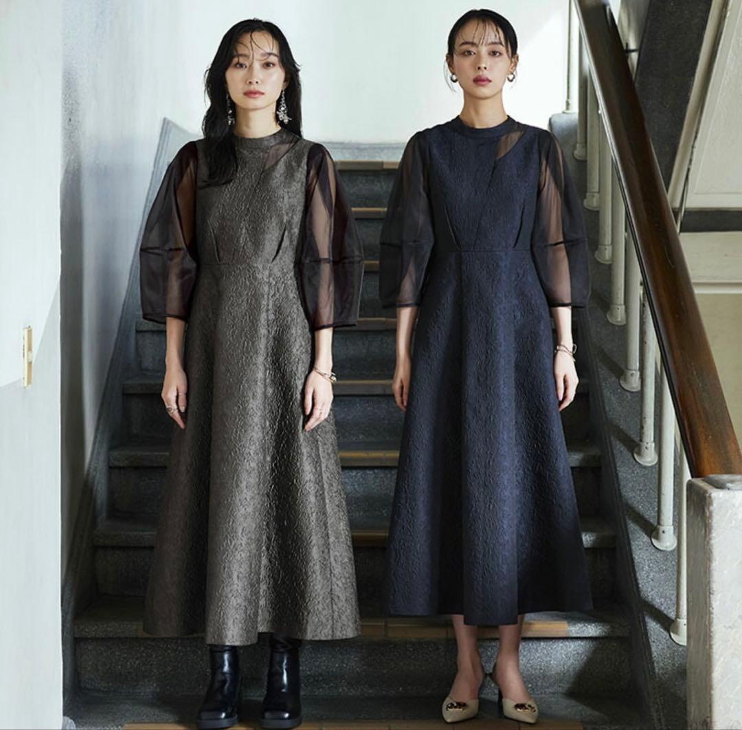 RUIRUE BOUTIQUE シアーランタンスリーブふくれジャカードドレス