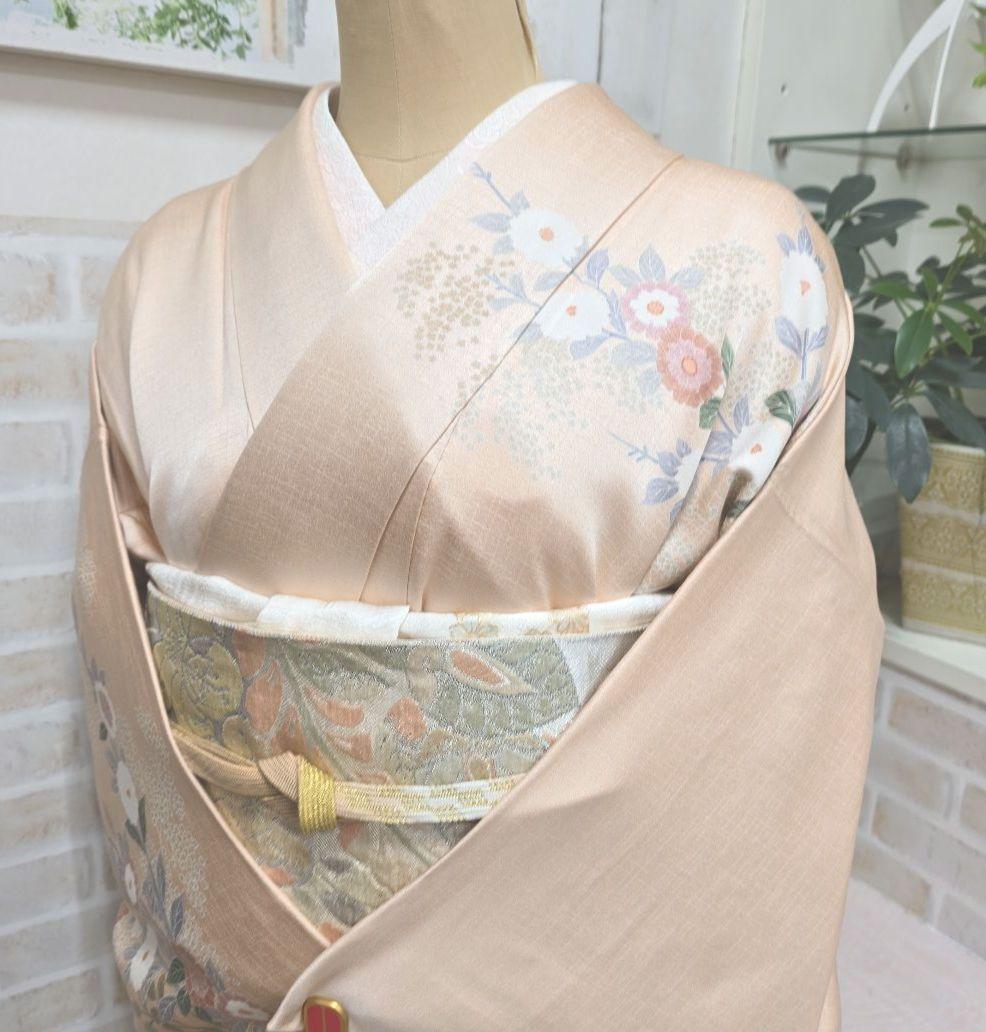 オレンジベージュ糸巻訪問着と袋帯・帯揚げ帯締めの4点フルセット