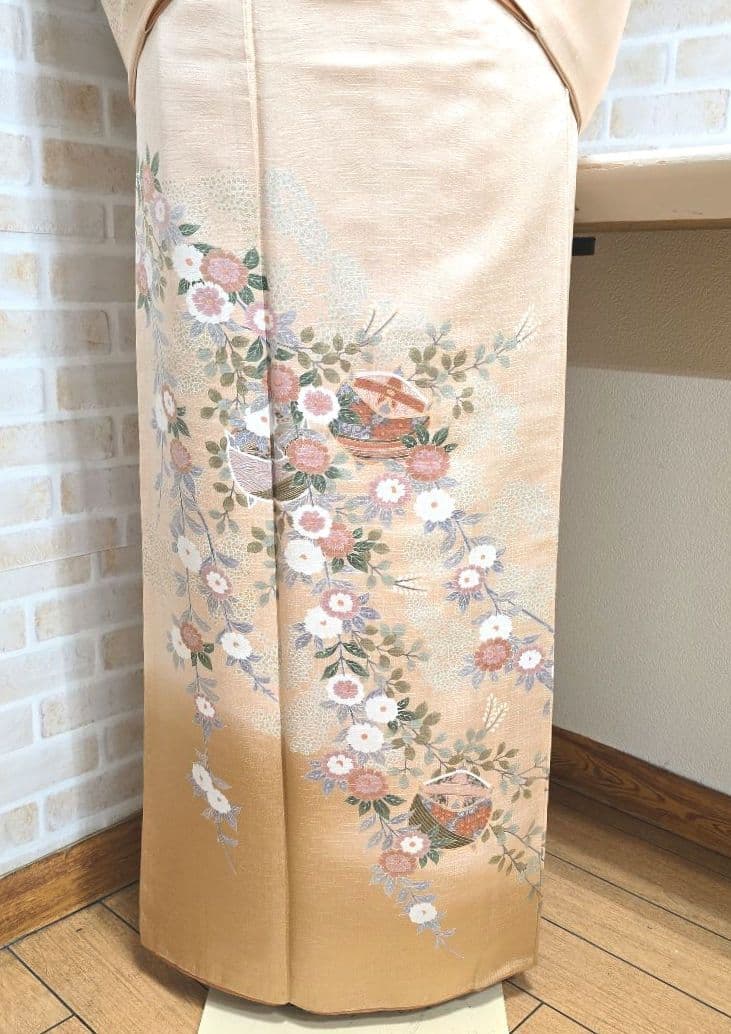 オレンジベージュ糸巻訪問着と袋帯・帯揚げ帯締めの4点フルセット