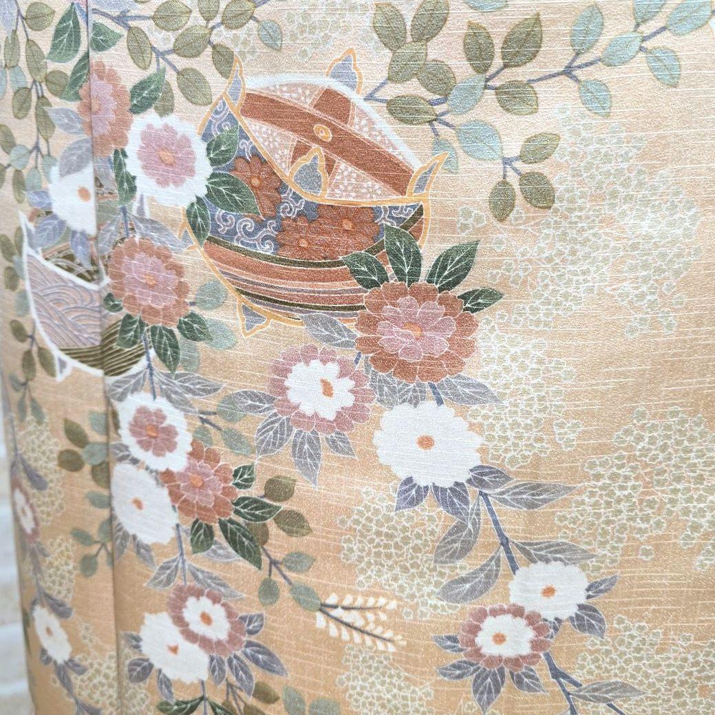 オレンジベージュ糸巻訪問着と袋帯・帯揚げ帯締めの4点フルセット