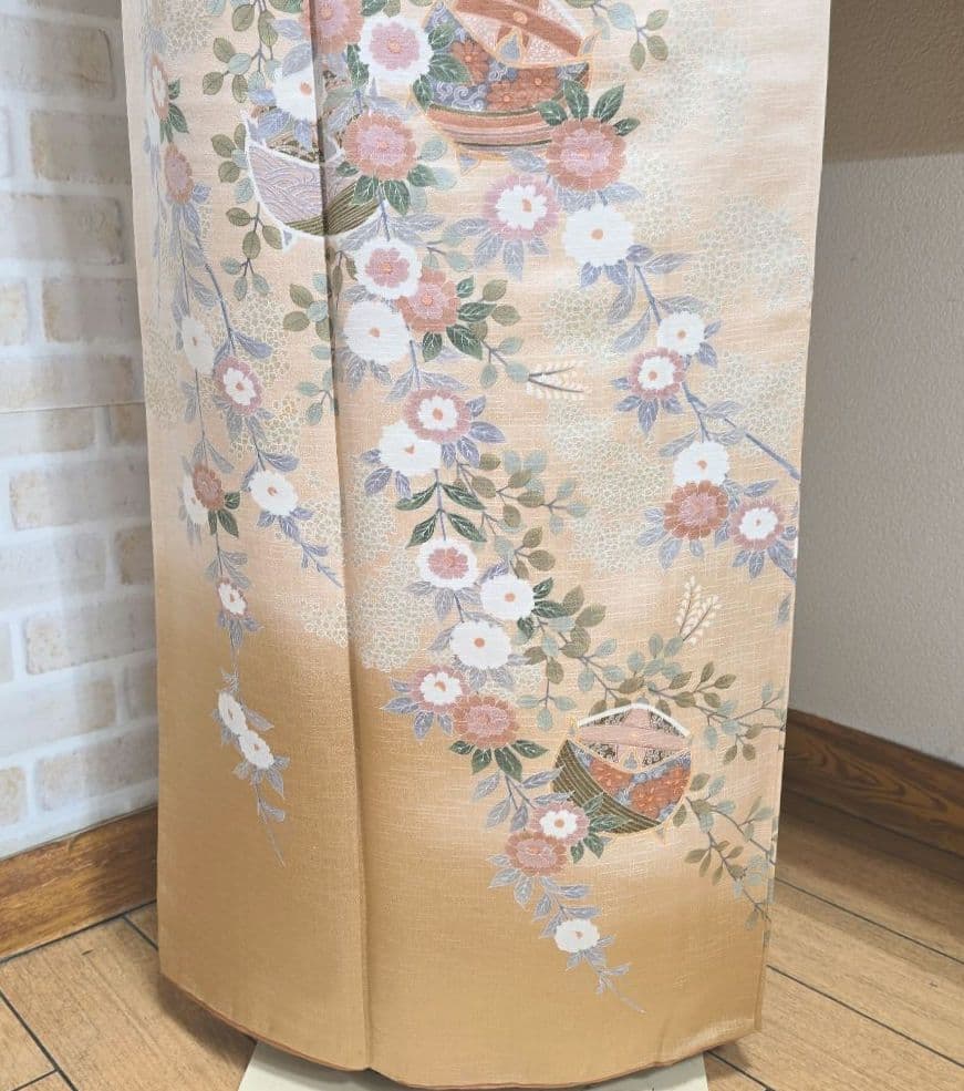 オレンジベージュ糸巻訪問着と袋帯・帯揚げ帯締めの4点フルセット