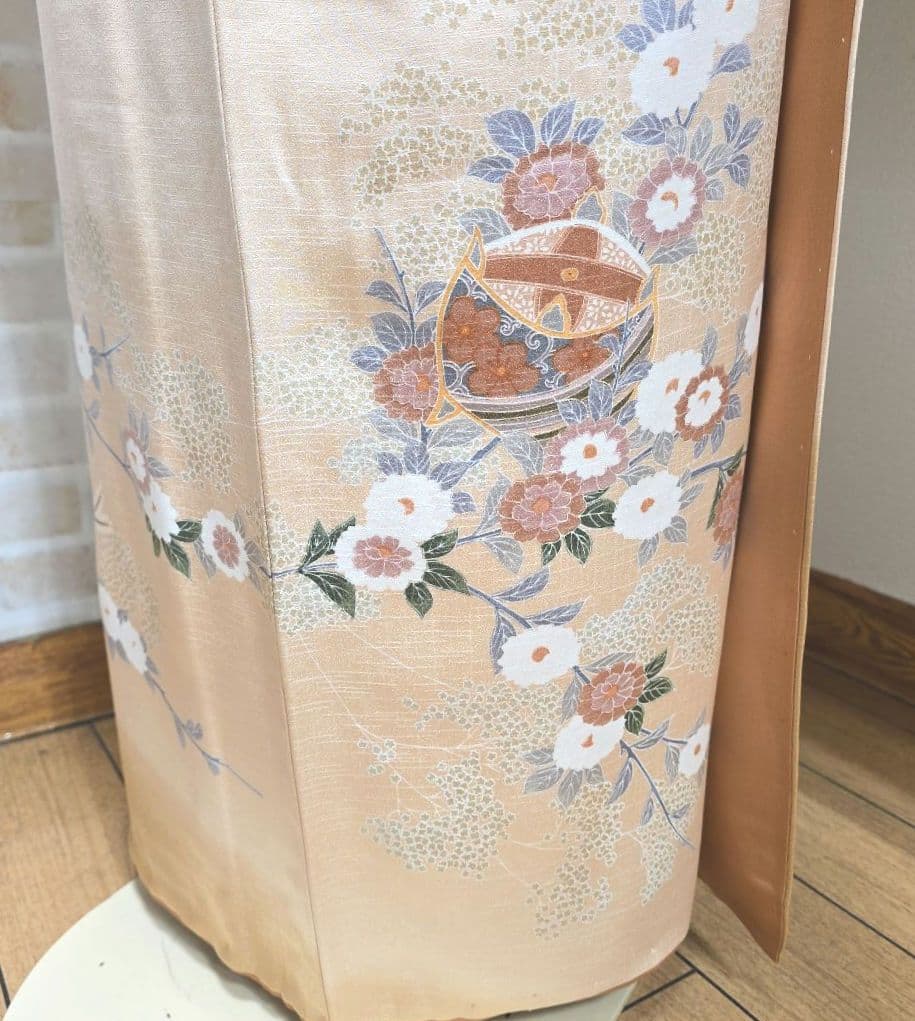 オレンジベージュ糸巻訪問着と袋帯・帯揚げ帯締めの4点フルセット