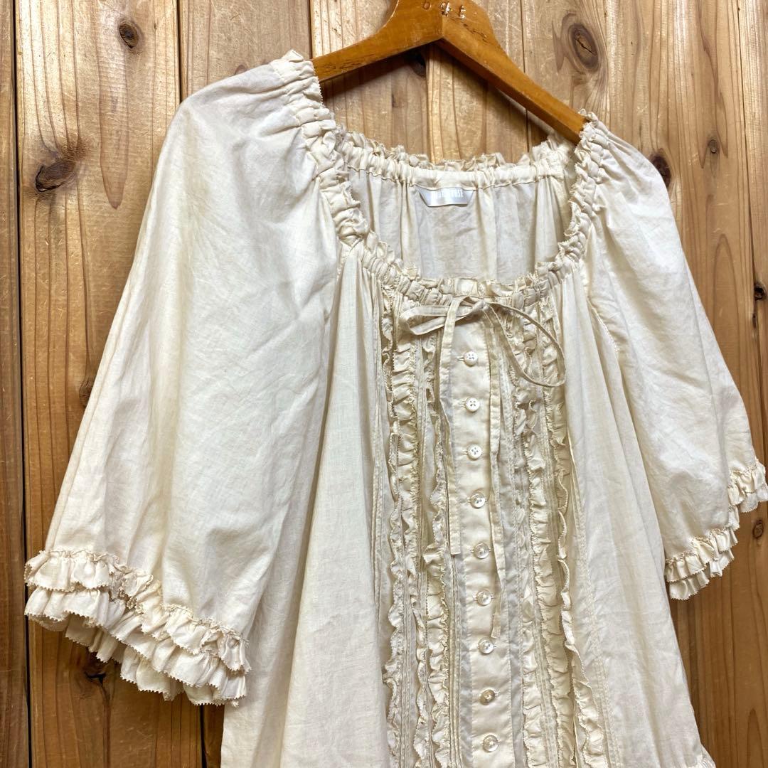 <極美品>ピンクハウス 綿ローン 半袖チュニックブラウス 生成り バニラ