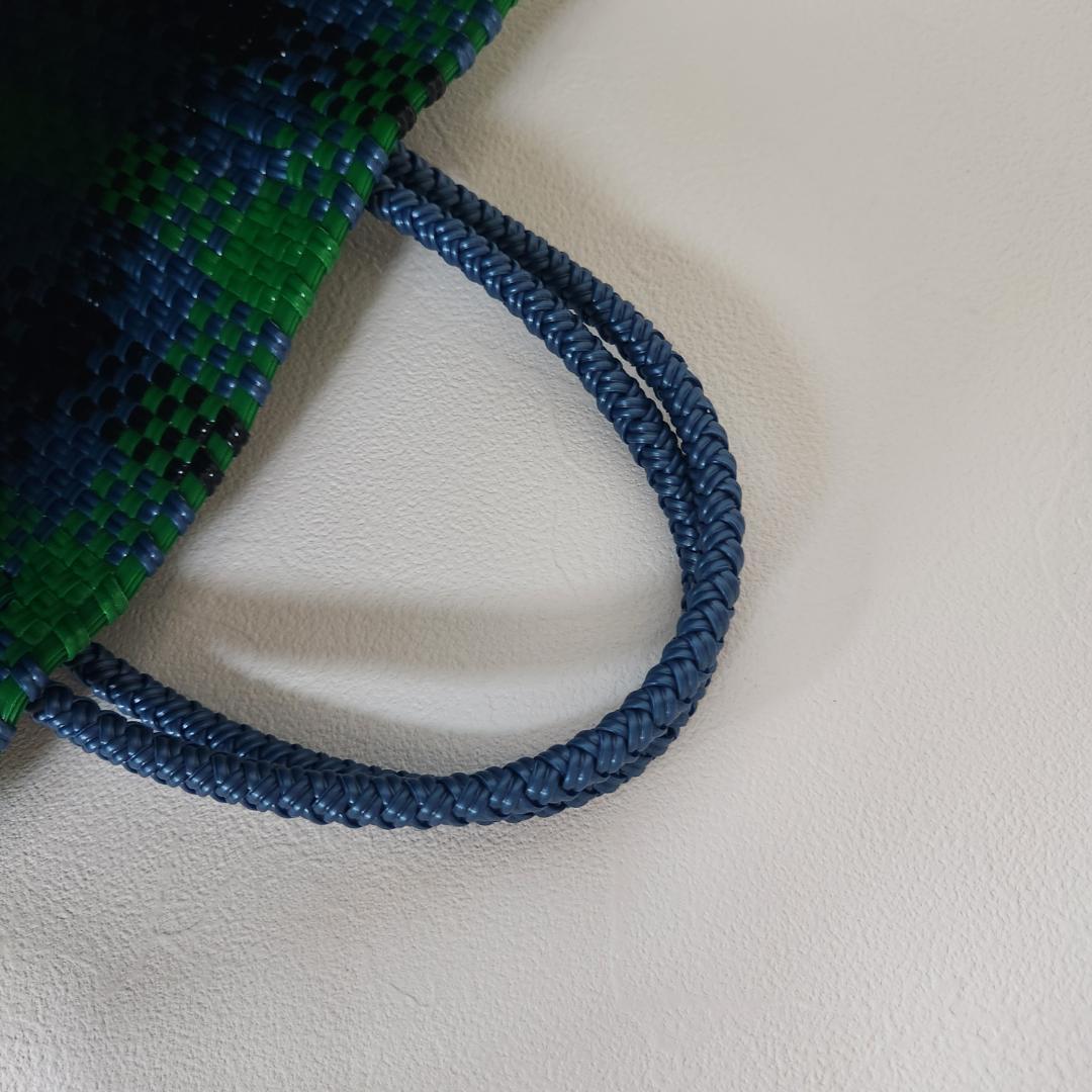 ファミリア　メルカドバッグ　緑　青　チェック　かご　グリーン　ブルー