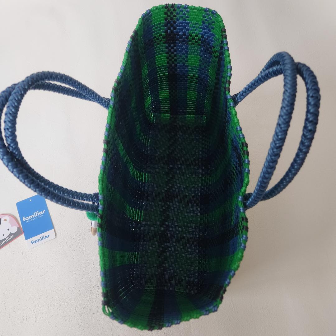 ファミリア　メルカドバッグ　緑　青　チェック　かご　グリーン　ブルー