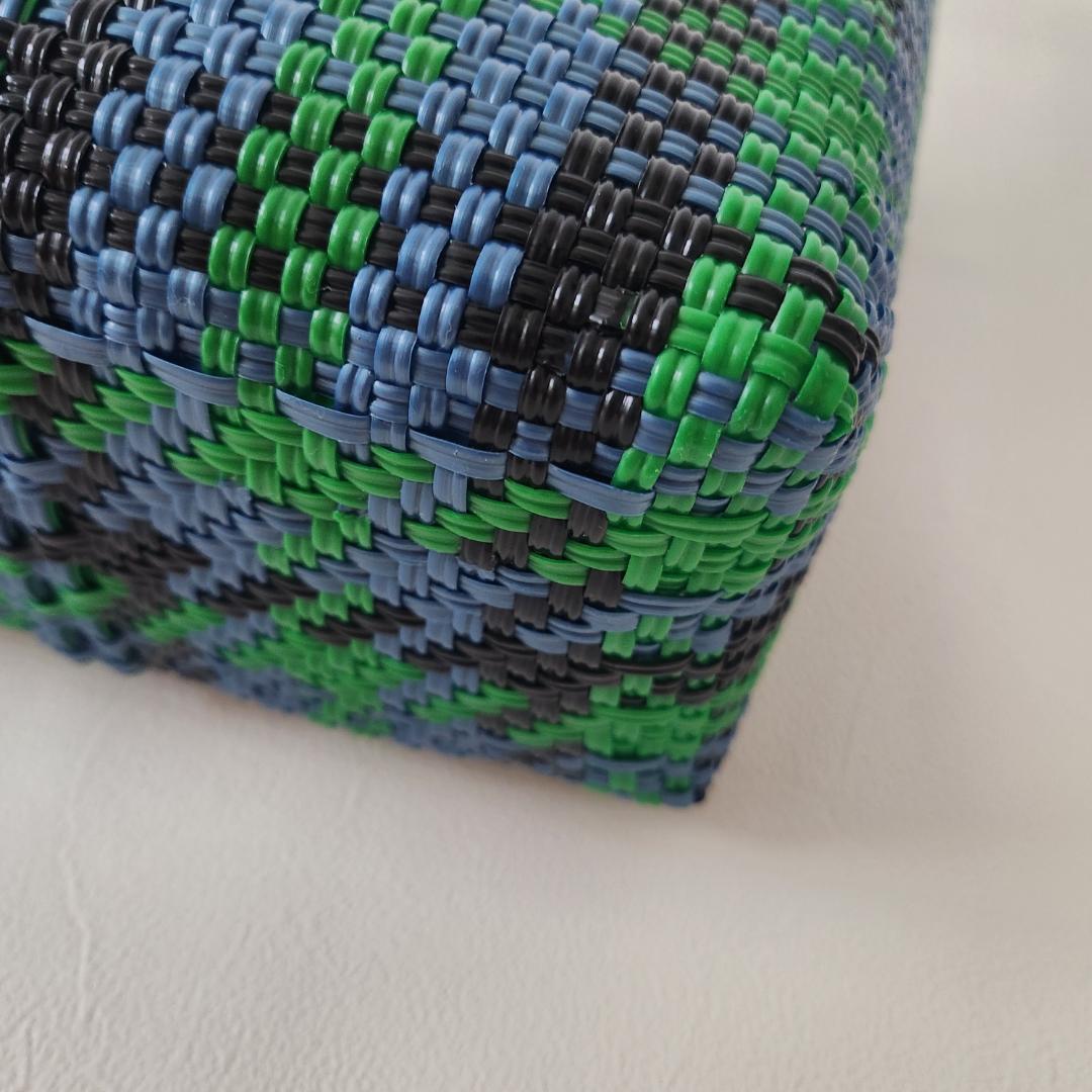 ファミリア　メルカドバッグ　緑　青　チェック　かご　グリーン　ブルー